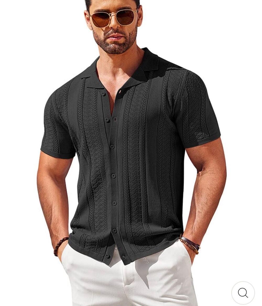 Coofandy Men Textured Knit Button Polo Shirt Black Short Sleeve Size L New